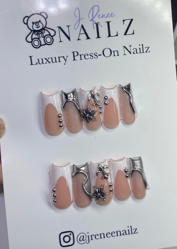 Chrome Life Set | 3D Silver Chrome White French Press On Nails