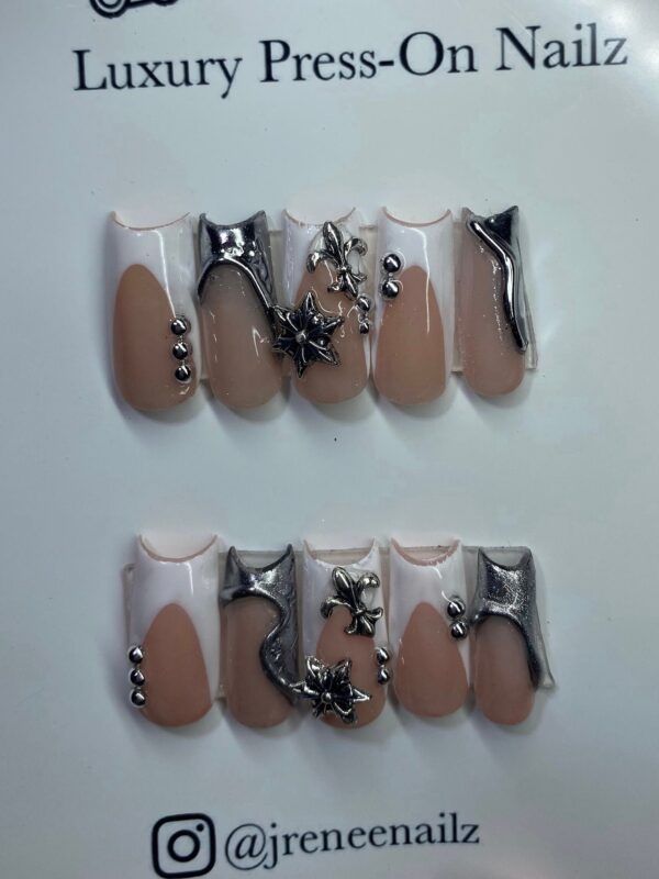 Chrome Life Set | 3D Silver Chrome White French Press On Nails - Image 2